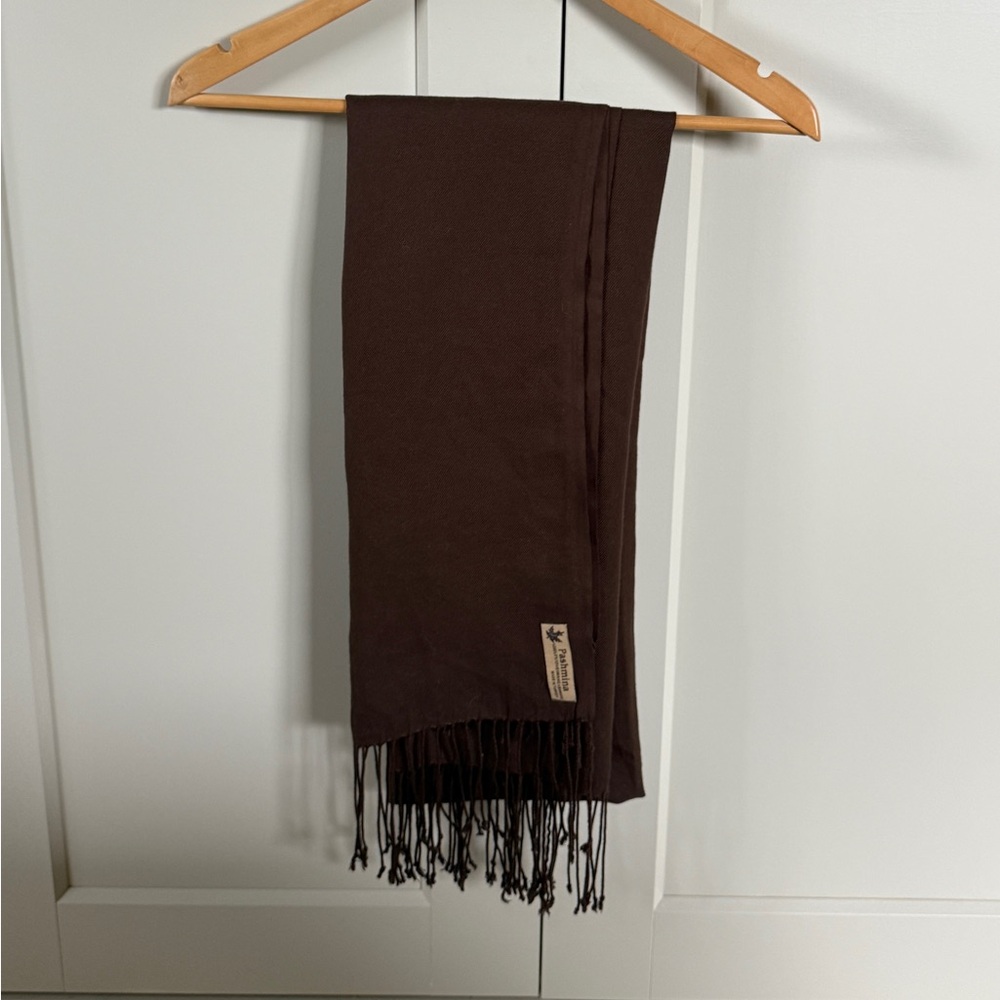 Pashmina silk and cashmere Brown Scarf with Fringe